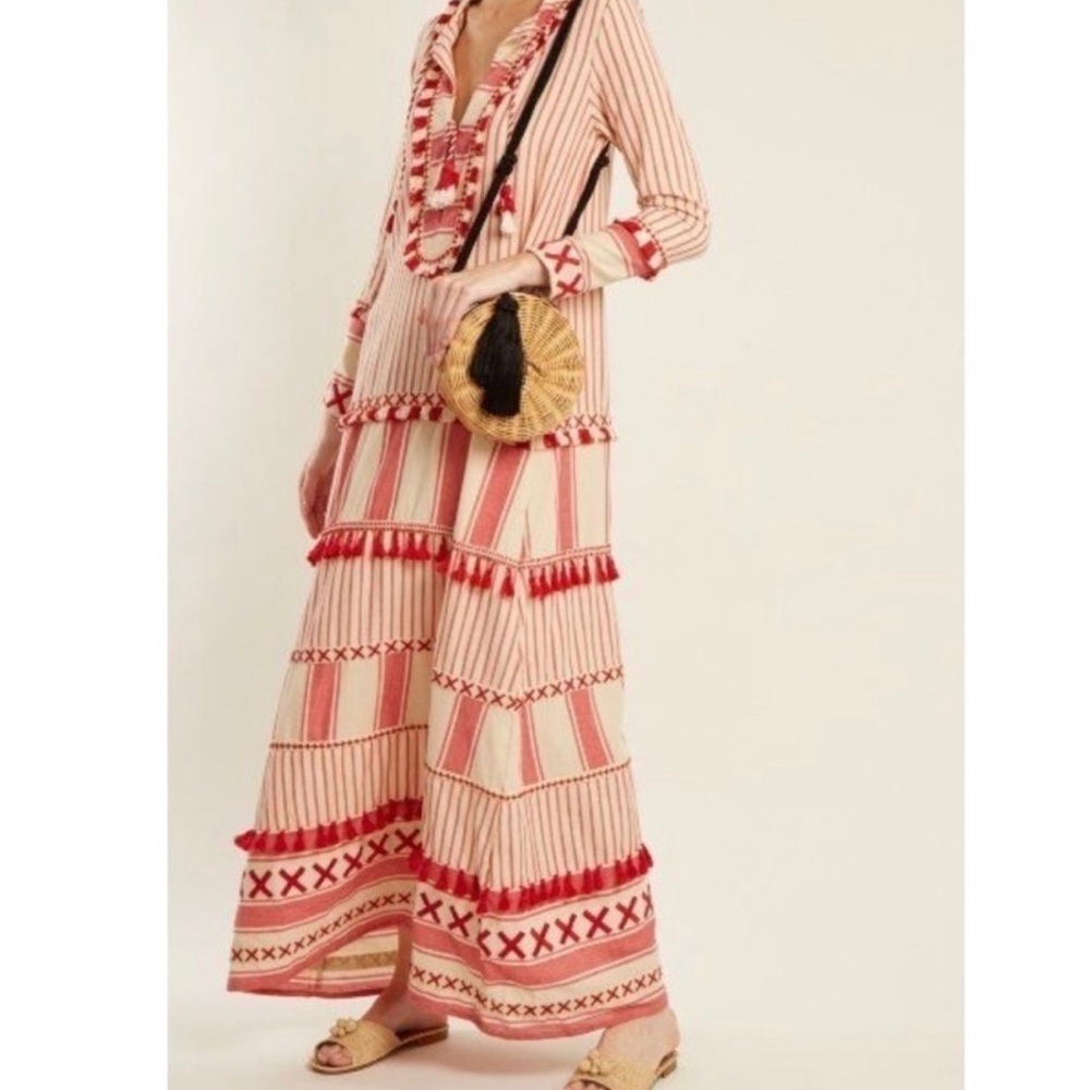 Dodo Bar Or Samuelle Striped Tassel Fringe Cotton Maxi Dress Red Cream Medium